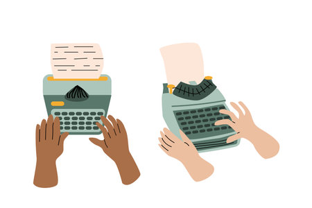 set of human hands with different skin writing on typewrite, author concept. Vector illustration isolated. Retro vintage style. Can used for world writer. copywriter day banner.のイラスト素材