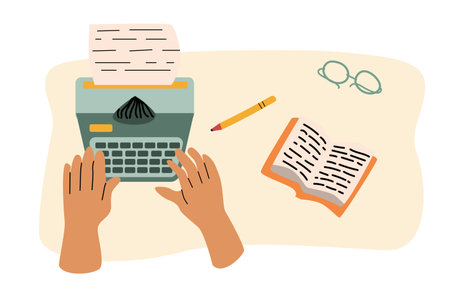 human hand writing on typewrite, working place, author, poetry concept. Vector illustration isolated. Retro vintage style. Can used for world writer. copywriter day banner.のイラスト素材