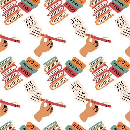 human hand writing and books seamless background. Vector illustrationのイラスト素材