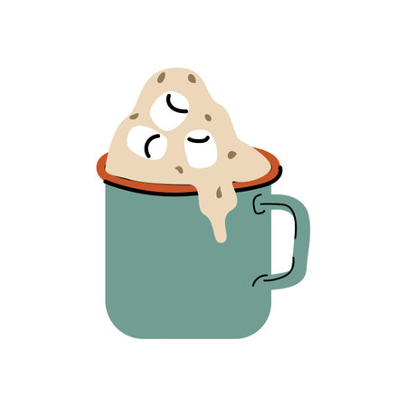 vintage cup with chocolate or cocoa or coffee with marshmallow. Vector illustration in hand drawn cartoon style.のイラスト素材