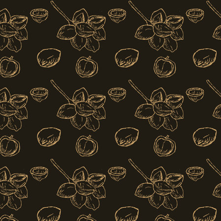 Hand drawn Golden seamless pattern of Macadamia nuts on branch. Vector illustration on black background. Can used for wrapping paper, beauty cosmetic background.のイラスト素材