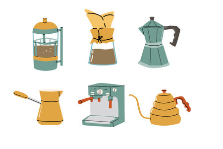 Set of coffee brewing equipment pots and machine. Vector illustration of Hand drawn coffee makers, machine, kettle.のイラスト素材