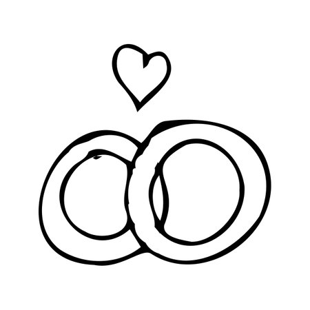 hand drawn doodle sketch of wedding rings for pair and heart. Vector illustration isolated. Doodle drawing icon can used for invitation design, greeting card, celebration banner.のイラスト素材