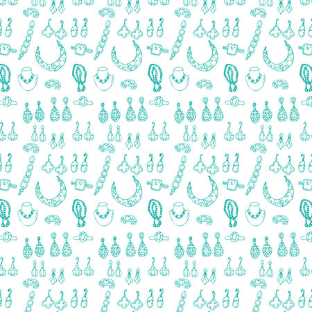 Seamless pattern of sketches outline female jewerly. Vector illustration isolated. Can used for textile, wrapping paper, cover design, beauty background.のイラスト素材