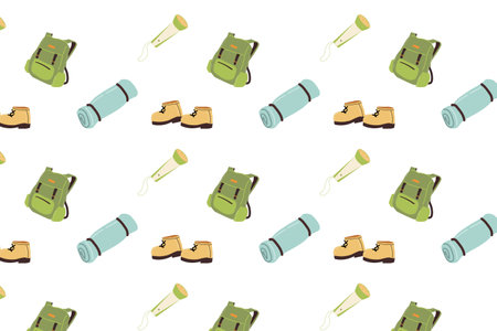 Hand drawn summer camping equipment seamless pattern. Vector illustration can used for childish wallpaper, wrapping paper, textile, poster, bedclothes.のイラスト素材