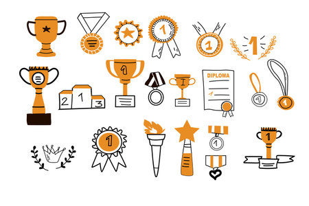 Big set of Hand drawn doodle awards outline with color icons isolated. Vector illustration of winner trophy cup, champion medal, win diploma. Hand drawn sketch - champion, victory, success elementsのイラスト素材