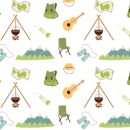 Hand drawn hiking and travel elements seamless pattern. Vector illustration can used for textile, wrapping paper, kids room wallpaper.のイラスト素材
