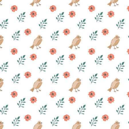 Adorable bird with floral elements - seamless summer pattern. Vector illustration can use for wallpaper, poster, print. Pink flower and leaves with bird.のイラスト素材