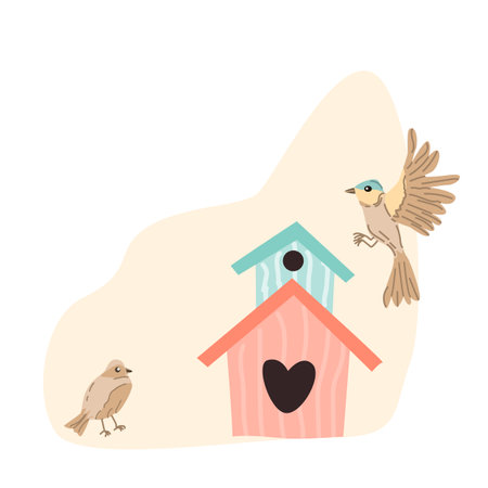 spring birds and birdhouse on peach background for greeting card, cover design. Vector illustration isolated. Can used for wallpaper, poster, print design for cloth.のイラスト素材