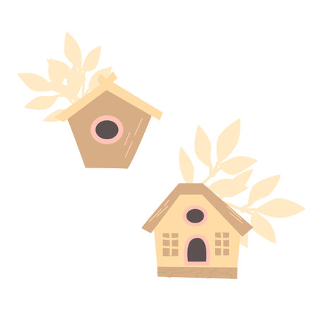 cute birdhouses with leaves for autumn fall background. Vector illustration isolated. Can used for greeting card, poster, wallpapers.のイラスト素材