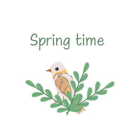 spring time lettering and cute bird and branch with leaves. Vector illustration isolated. Can used for wallpaper, poster, print design for cloth.のイラスト素材