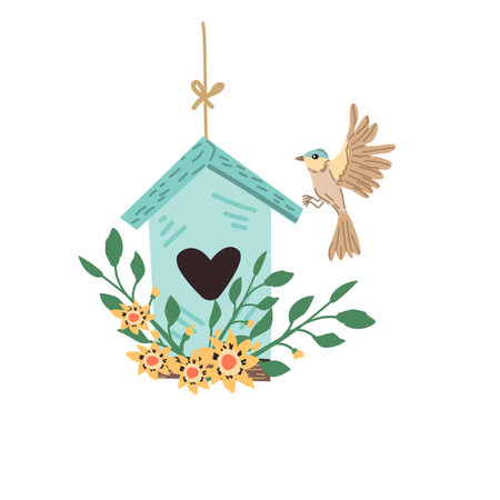 spring bird and flying birdhouse for greeting card, cover design. Vector illustration isolated. Can used for wallpaper, poster, print design for cloth.のイラスト素材