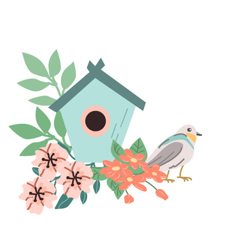 cute spring or summer bird and blue birdhouse with flowers. Vector illustration isolated. Can used for wallpaper, poster, print design for cloth.のイラスト素材