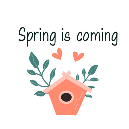 Hand drawn bird house in flower and branch spring coming card. Vector illustration can used for greeting card, summer decor. Cute birdhouse and bouquet.のイラスト素材