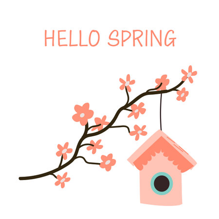 Hello spring background with cherry blossom sakura and birdhouse. Vector illustration isolated. Lettering in pink color.のイラスト素材