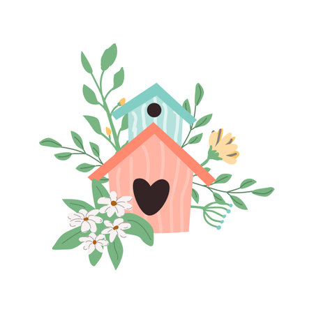 Hand drawn spring bird house in flower and branch background. Vector illustration can used for spring greeting card, summer decor. Cute birdhouse and bouquet.のイラスト素材