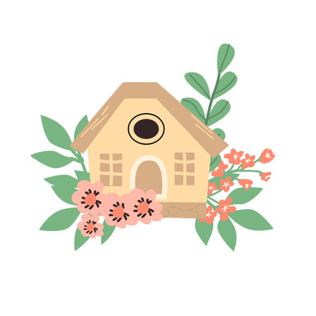 Hand drawn bird house with flower and branch - floral elements. Vector illustration can used for spring or autumn card, summer decor. Cute birdhouse and bouquet.のイラスト素材