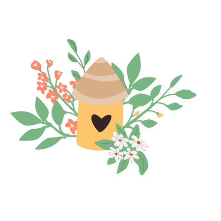 Hand drawn yellow bird house in flower and branch background. Vector illustration can used for spring or autumn card, summer decor. Cute birdhouse and bouquet.のイラスト素材