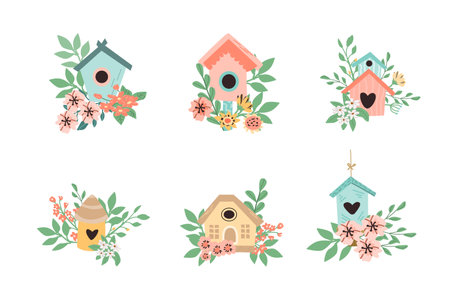 Hand drawn set of bird houses with floral elements. Vector illustration can used for greeting card, summer or spring decor. Cute birdhouses and bouquets.のイラスト素材