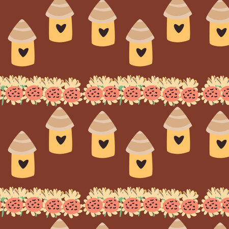 autumn red pattern with bird houses and sunflowers. Vector illustration isolated. Can used for wrapping paper, textile, greeting card, celebration designのイラスト素材