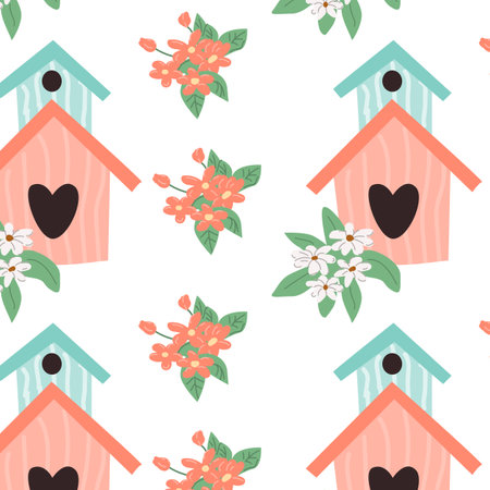 Cute pink birdhouse with heart and flowers. Vector illustration can used for textile, poster, greeting card, celebration banner.のイラスト素材