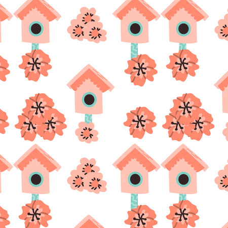 pink birdhouse pattern with floral elements. Vector illustration isolated. Can used for wrapping paper, textile, clothes. greeting card, wallpapers.のイラスト素材