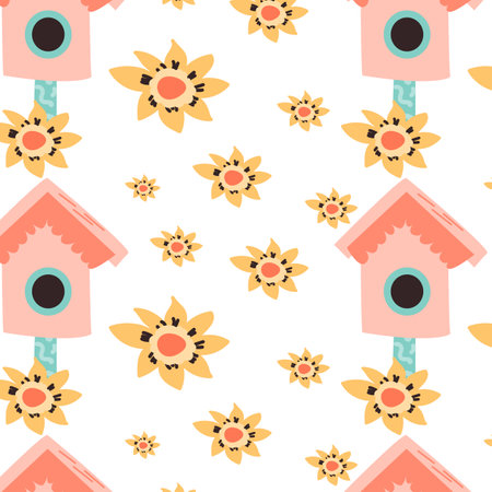 Hand drawn pink birdhouse pattern with flowers. Vector illustration isolated. Can used for wrapping paper, textile, clothes. greeting card, wallpapers.のイラスト素材