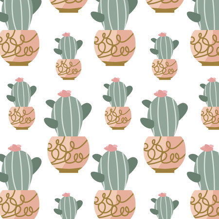 scandinavian houseplant cactus with flower in pot seamless pattern. Vector illustration of succulent flower in decorative pot. Modern home plants background.のイラスト素材
