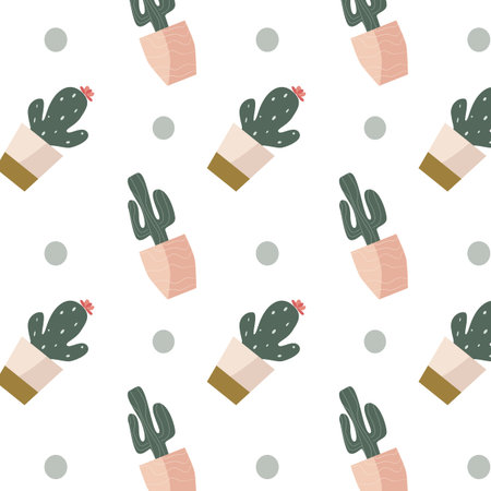 scandinavian houseplant cactus in pot and dots seamless pattern. Vector illustration of succulent...