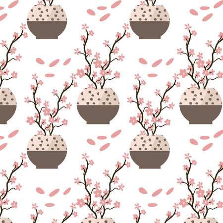 spring or summer floral pattern with vase and flowers with branch. Vector illustration can used for wrapping paper, textile, fabric design, print for clothes, posters.のイラスト素材
