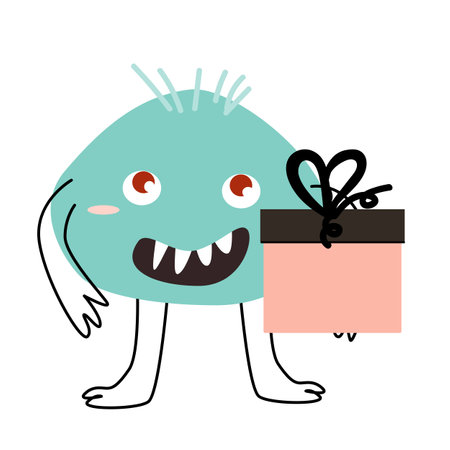 Cute monster baby character for anniversary card. Vector illustration can be used for banner, baby birthday background, greeting card, poster for interior. Cute alien or monster with balloon or gift, or cakeのイラスト素材