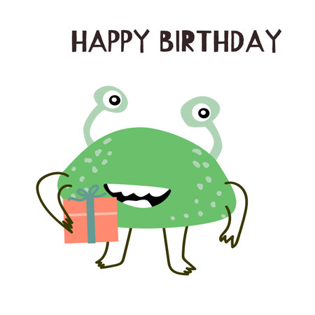 Cute monster baby character -vanniversary card. Vector illustration can be used for banner, baby birthday background, greeting card, poster for interior. Cute alien or monster with gift and text.のイラスト素材