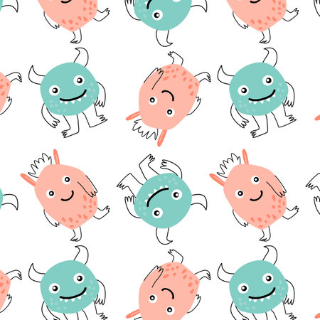 Cute baby monsters seamless pattern in doodle style. Vector illustration can be used for baby textile, fabric design, infant or newborn print for t-shirt and other clothes.のイラスト素材