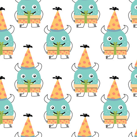 cute monster cake present box birthday seamless pattern. Vector illustration can be used for wrapping, scrapping, textile, decor, wallpaper, clothes print, cover design, posters and banners.のイラスト素材