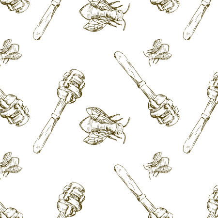 Hand drawn sketch of honey spoon and bee pattern. Vector illustration can be used for wrapping paper, textile, food label, print for organic honey products.のイラスト素材