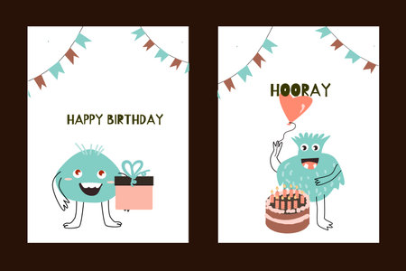 Set of posters cards with cute monsters for party. Vector illustration can be used for banner, baby birthday background, greeting card, poster for interior.のイラスト素材