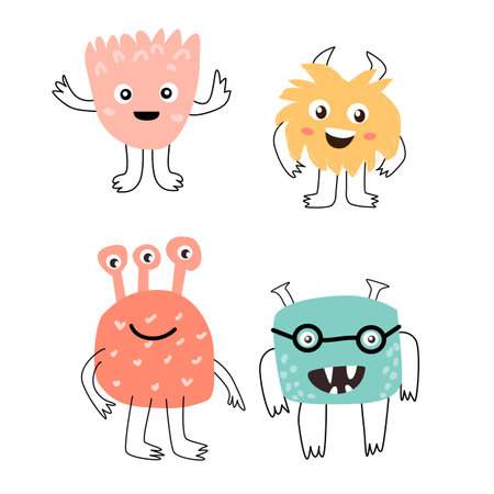 set Cute baby monster characters smiling vector illustration. Can used for greeting card, poster, baby cards. Doodle monsers in trendy style.のイラスト素材