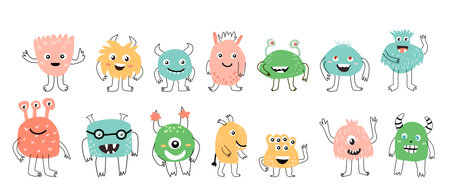 Big set of Cute baby monsters characters smiling vector illustration. Can used for greeting card, poster, baby cards. Doodle monsers in trendy style.のイラスト素材
