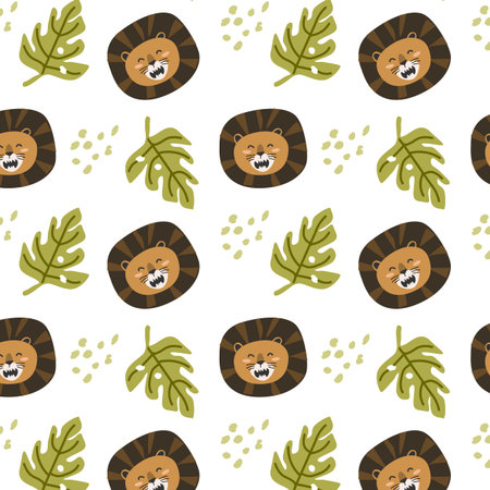 cute wild tropical animal lion face seamless pattern. Vector illustration with lion wild jungle animal, tropical plants monstera leaves.のイラスト素材