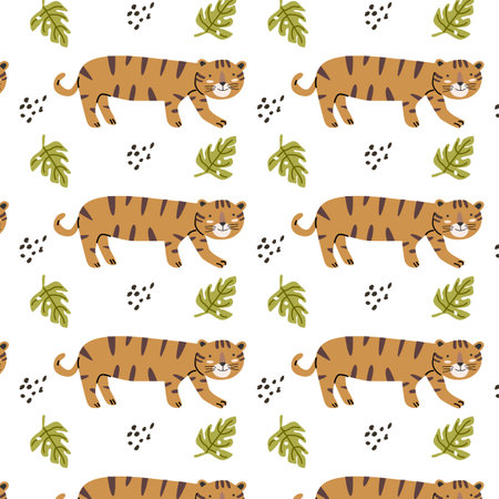 Seamless pattern with cute wild africa tiger childish. Vector illustration isolated. Can used for textile, fabric design, posters, wrapping papers, wallpapers, decoration for interior.のイラスト素材