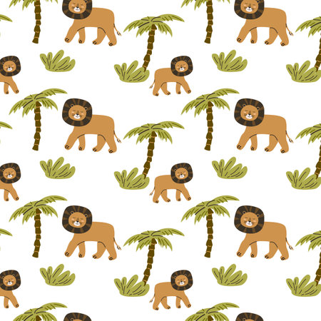 cute wild tropical animal lion and palm seamless pattern. Vector illustration with lion wild jungle animal, tropical plants palm or leaves.のイラスト素材