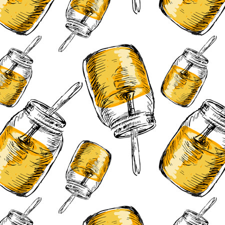 Honey jar hand drawn sketch pattern retro. Vector illustration can be used for wrapping paper, label, poster, cards. Engraved or ink vector honey illustrations.のイラスト素材