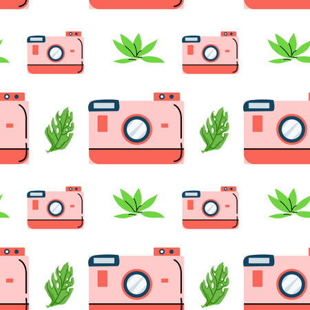 Summer pattern with camera and tropical leaves. Vector illustration can be used for textile, poster,のイラスト素材