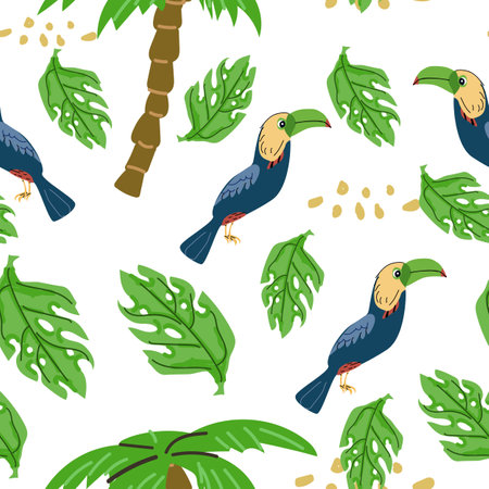 Summer tropical bird toucan in jungle seamless pattern. Vector illustration isolated. Floral pattern with leaves and brazil bird toucan.のイラスト素材