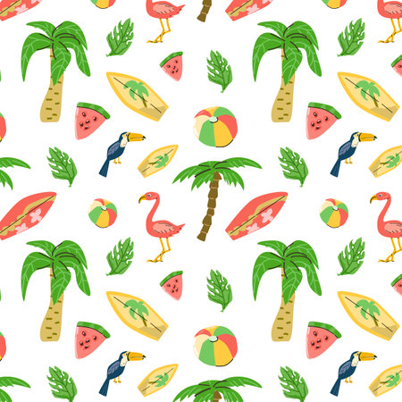 Summer beach tropical bird toucan and flamingo, ball pattern. Vector illustration can be used for textile, print, poster, cards.のイラスト素材