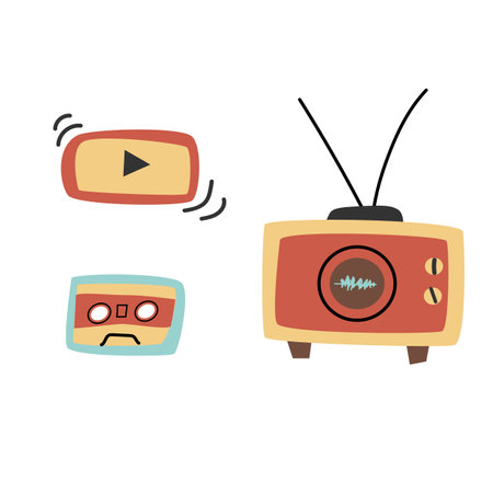 Set of 80-s audio musical equipment radio and audio cassette, play button. Vector illustration isolated.のイラスト素材
