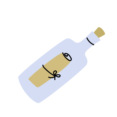 Pirate childish adventure bottle with letter message. SOS signal and rescue symbol icon. Doodle illustration with paper scroll in bottle. Cartoon illustration.のイラスト素材