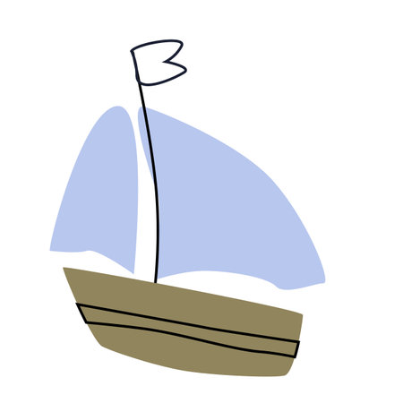 Cute childish boat - vector illustration of sea transport. Can used for poster, greeting card, baby textile, cards. Hand drawn boat in blue color.のイラスト素材