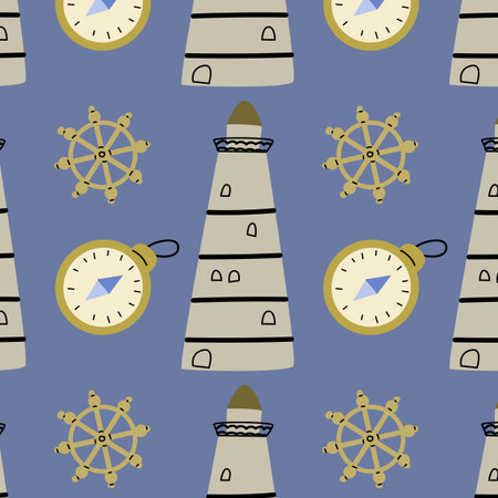 Cute marine baby pattern with ship wheel and lighthouse. Seamless vector sea print for textile,...