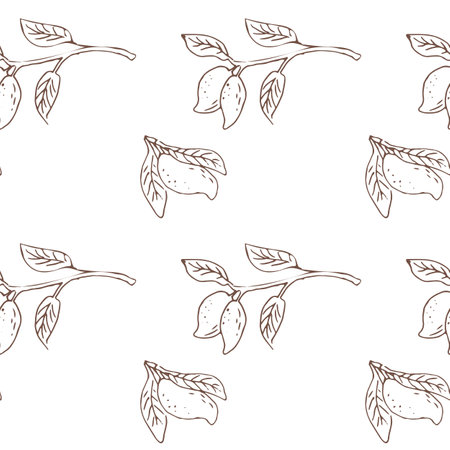 Seamless pattern with mango, tropical fruit background. Vector illustration can be used for wrapping paper, backdrop, poster, wallpaper. Mango outline sketch.のイラスト素材